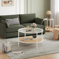Table basse Garvee en rotin de 76 cm (30 po) avec structure en métal et plateau en verre résistant à la chaleur, idéale pour le salon et le bureau, blanche, 76 cm (30 po)