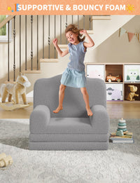 Canapé enfant convertible 2 en 1 Garvee, très confortable, en mousse, avec revêtement en sherpa doux et antidérapant, de couleur grise, idéal pour la salle de jeux. Léger et sûr.