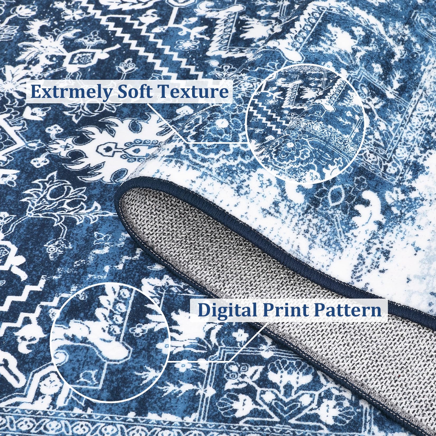 Tapis de collection Garvee, motif oriental vieilli, 160 x 230 cm, bleu, entretien facile, pour salon et chambre