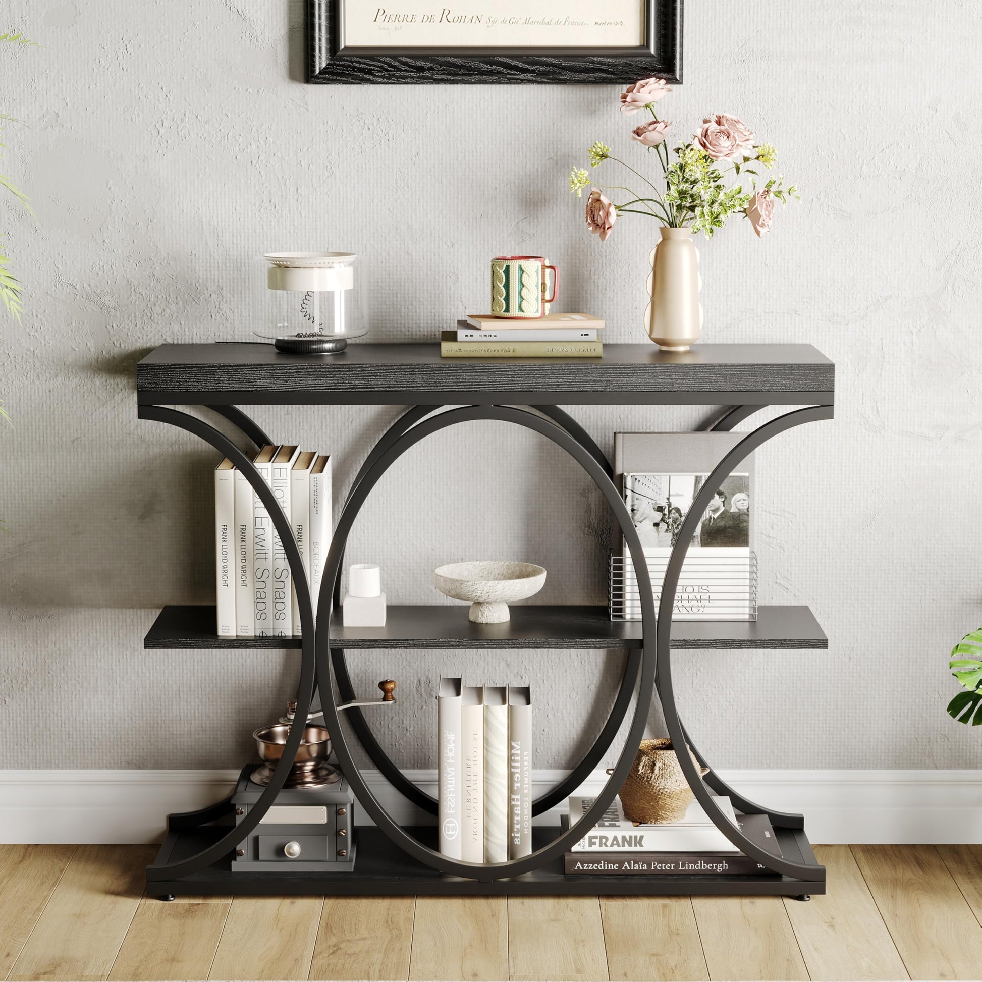 Console industrielle Garvee 39", 3 niveaux, avec base en métal et étagères en bois, pour entrée et salon, étroite, robuste et polyvalente