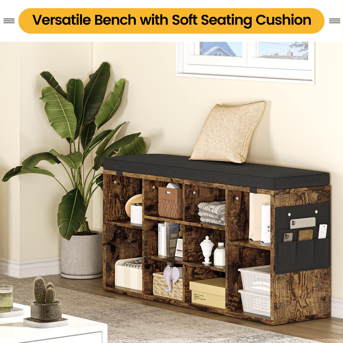 Garvee Banc à chaussures avec coussin, 3 étagères réglables, 10 compartiments, bois robuste, housse lavable, marron, 104 cm, pour entrée et chambre