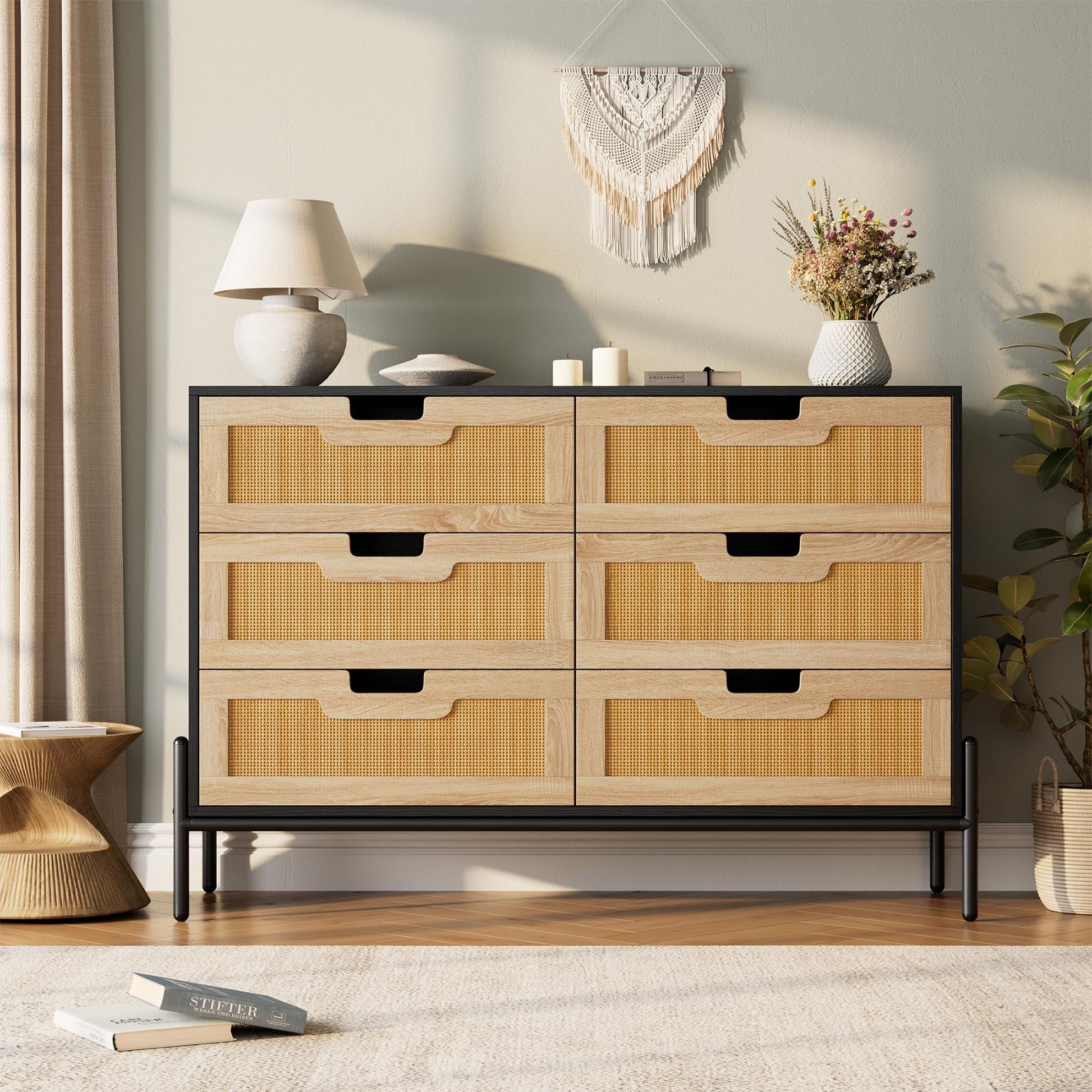 Garvee commode en rotin naturel à 6 tiroirs, pieds en bois et métal, idéale pour la chambre et le salon, imperméable et résistante