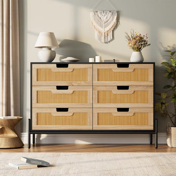 Garvee commode en rotin naturel à 6 tiroirs, pieds en bois et métal, idéale pour la chambre et le salon, imperméable et résistante