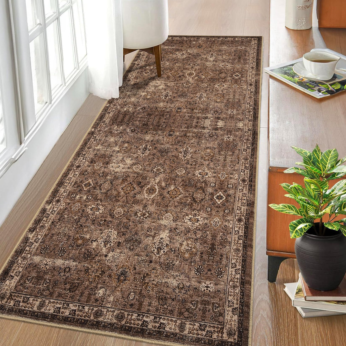 Garvee Vintage Teppich 80 x 150 cm Rutschfest Waschbar Boho Teppich Für Wohnzimmer Schlafzimmer Esszimmer Rotbraun