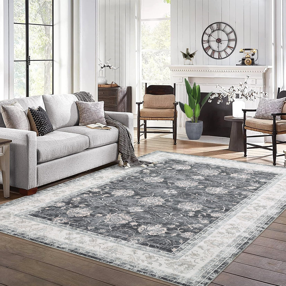 Tapis vintage Garvee, grand format 200 x 290 cm, résistant à l'eau et aux taches, antidérapant, motif poules, gris foncé, lavable en machine, intérieur et extérieur.