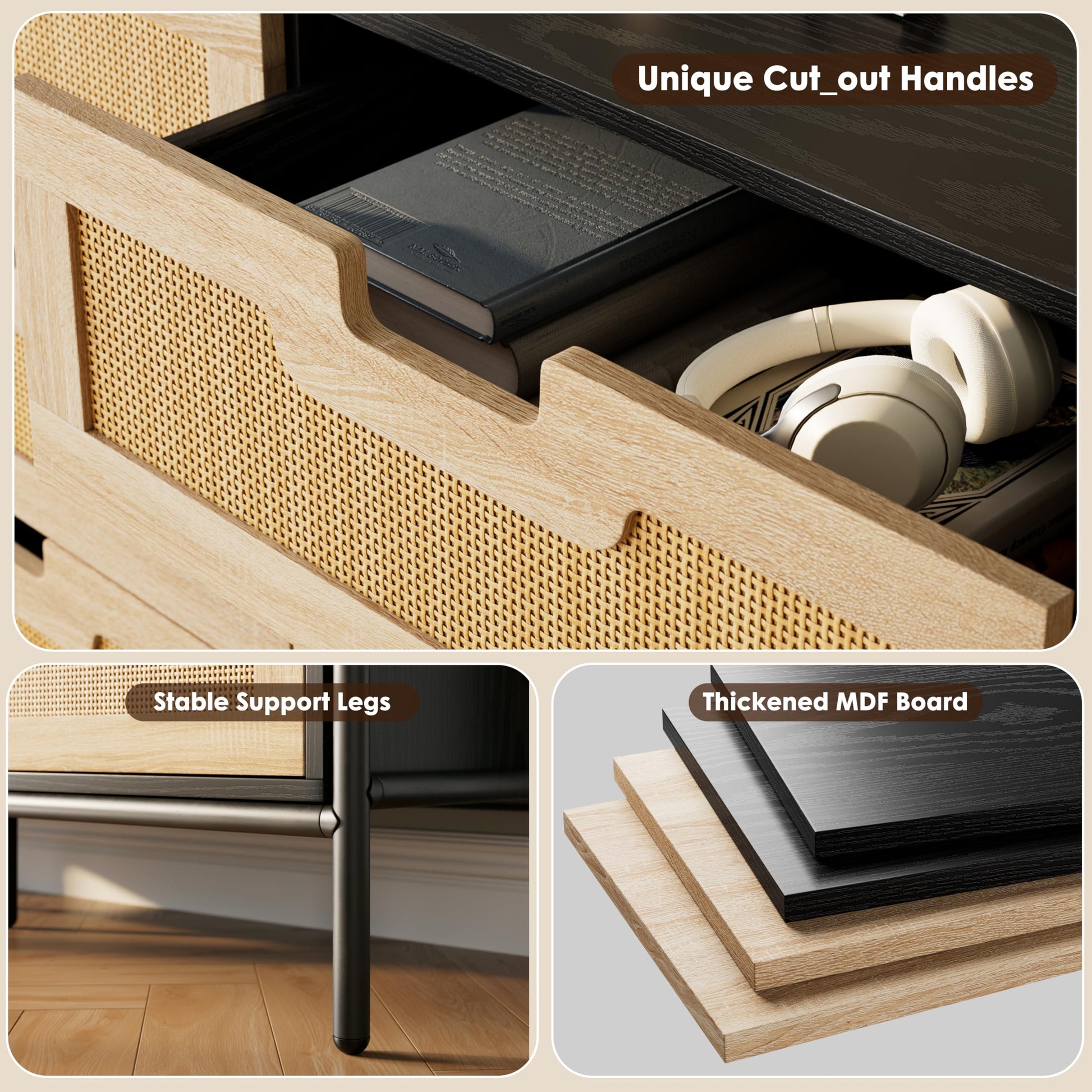 Garvee commode en rotin naturel à 6 tiroirs, pieds en bois et métal, idéale pour la chambre et le salon, imperméable et résistante