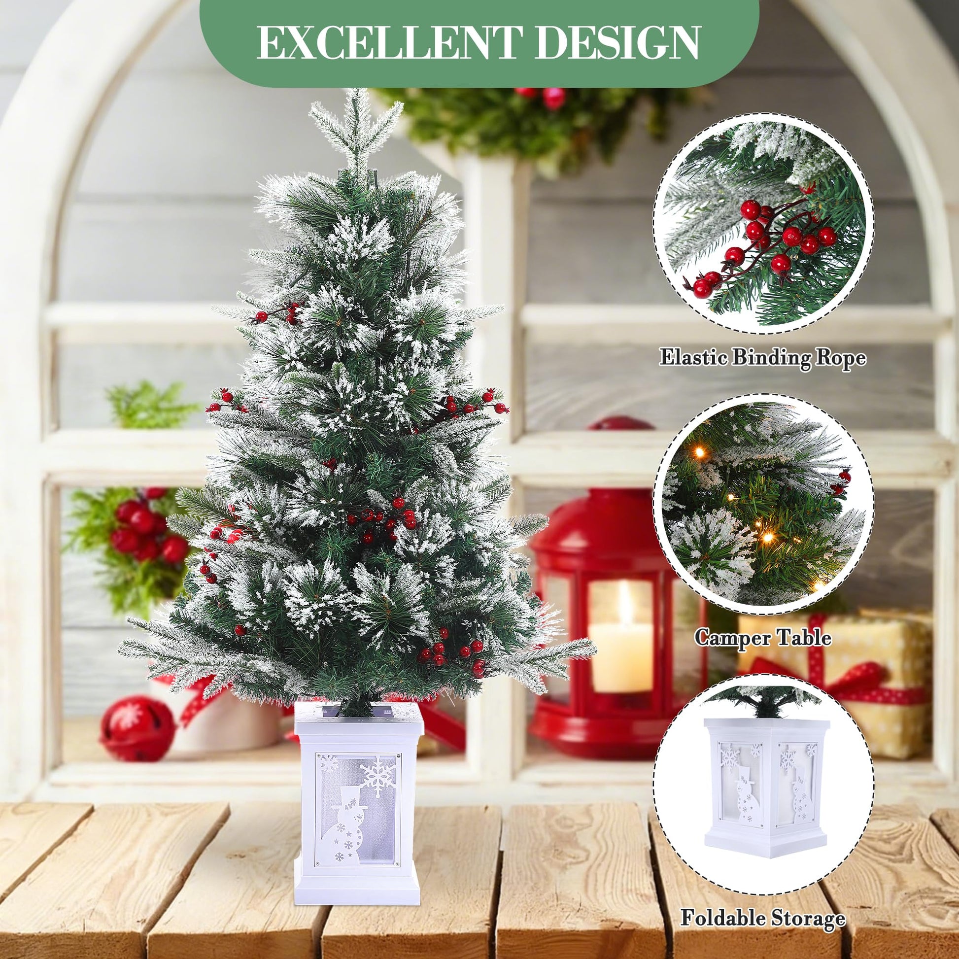 Sapin de Noël artificiel Garvee, lot de 2 – 90 cm, 78 LED à fibre optique (blanc chaud), 8 modes d'éclairage, boîte avec lampe bonhomme de neige