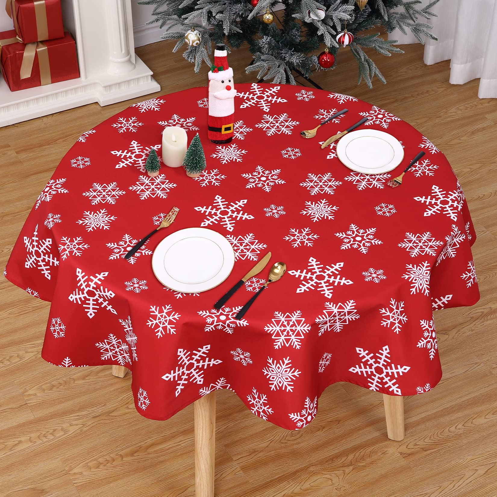 Nappe de Noël ronde Garvee à motif flocons de neige, déperlante, en polyester, rouge et blanche, 152 cm (60 pouces), décoration hivernale