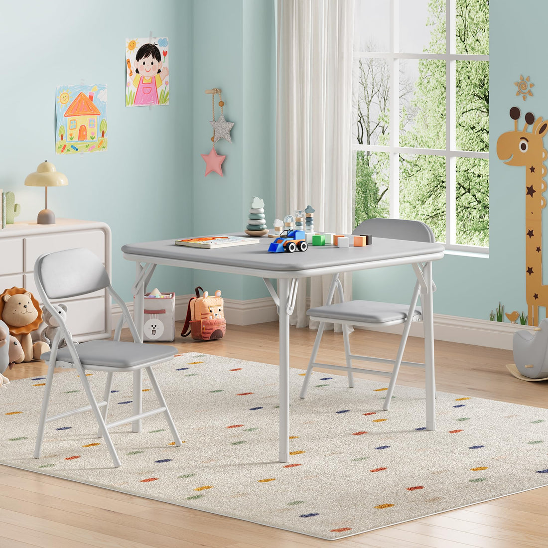 Ensemble table et chaises pliantes 3 pièces Garvee pour enfants, pliable, en cuir PU, structure en métal, léger, idéal pour la salle de jeux et le camping, multicolore
