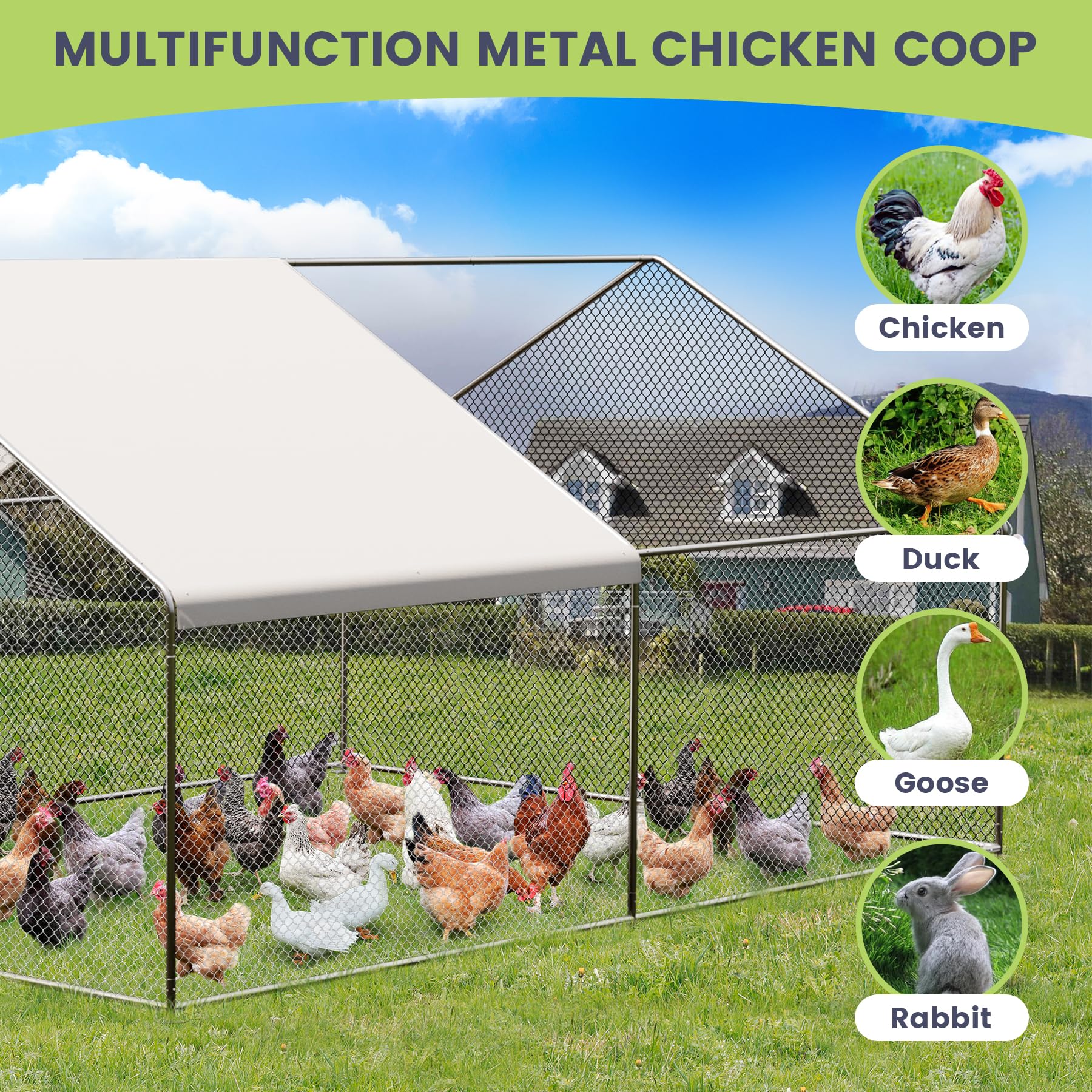Grand Poulailler Métallique GARVEE 9,8 x 13,1 x 6,6 pi – Cage à Poules avec Accès Piéton, Bâche Imperméable et Anti-UV pour Jardin et Ferme – Argent