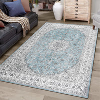 Tapis oriental vintage GARVEE 160 x 230 cm | Antidérapant, résistant à l'eau et aux taches, à poils courts | Tapis classique pour salon, bleu clair