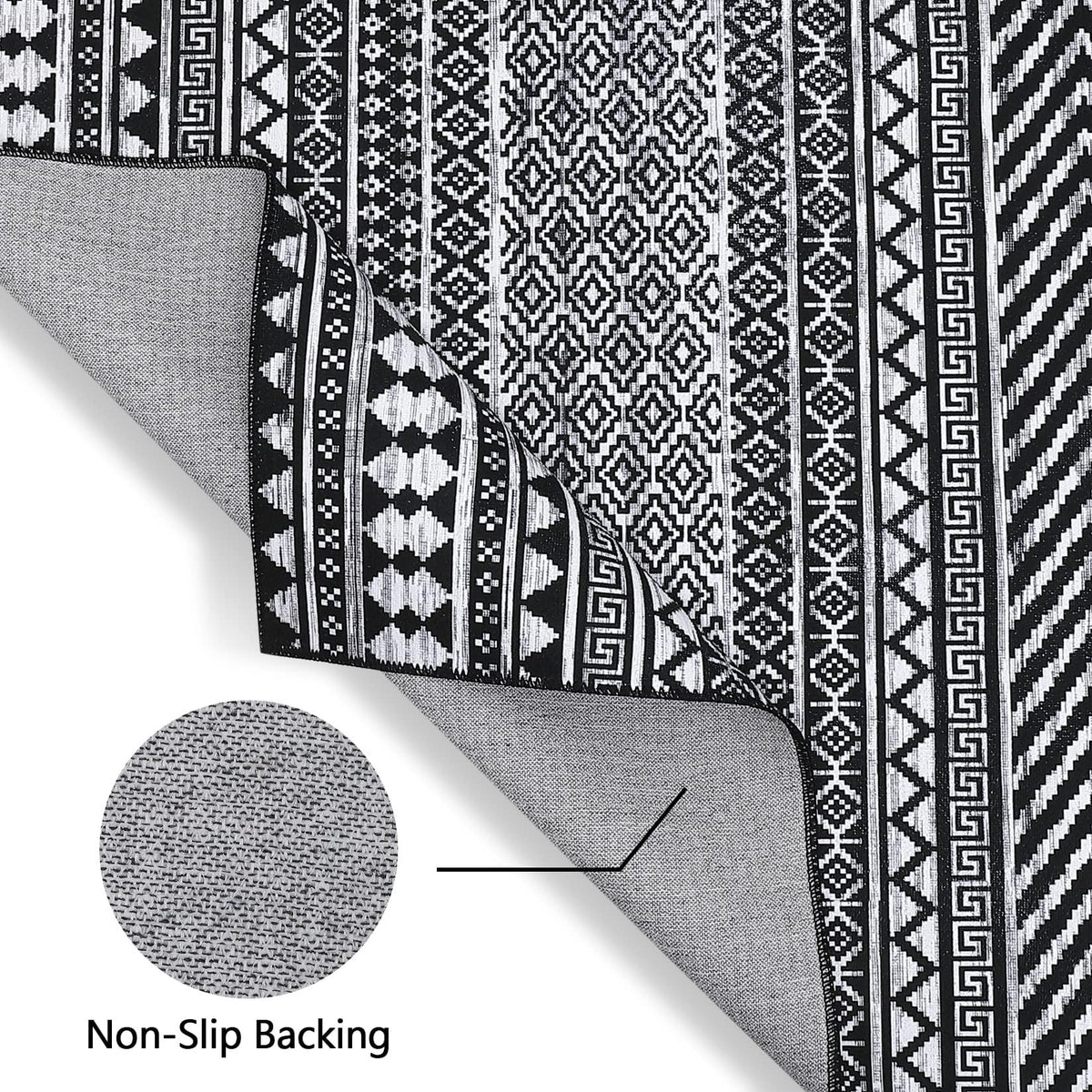 Tapis marocain bohème GARVEE 160x230cm Noir, déperlant, à poils courts, résistant aux taches et à l'huile, lavable, salon et chambre