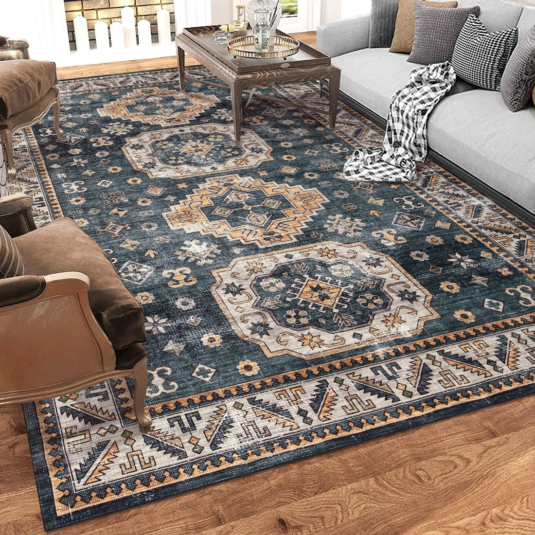 Tapis oriental vintage Garvee 160x230cm bleu, lavable, antidérapant, pour salon et chambre, style bohème, polyester
