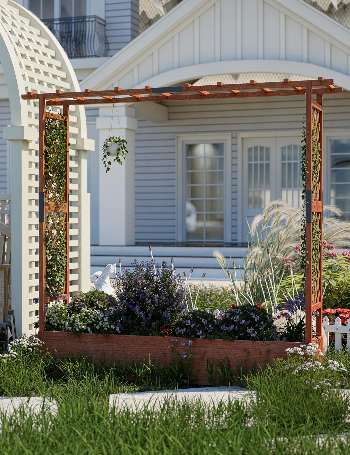 Garvee Jardinière surélevée avec treillis, bac à fleurs en bois de 183 cm (182,9 cm), toit suspendu, tous temps pour terrasse et balcon