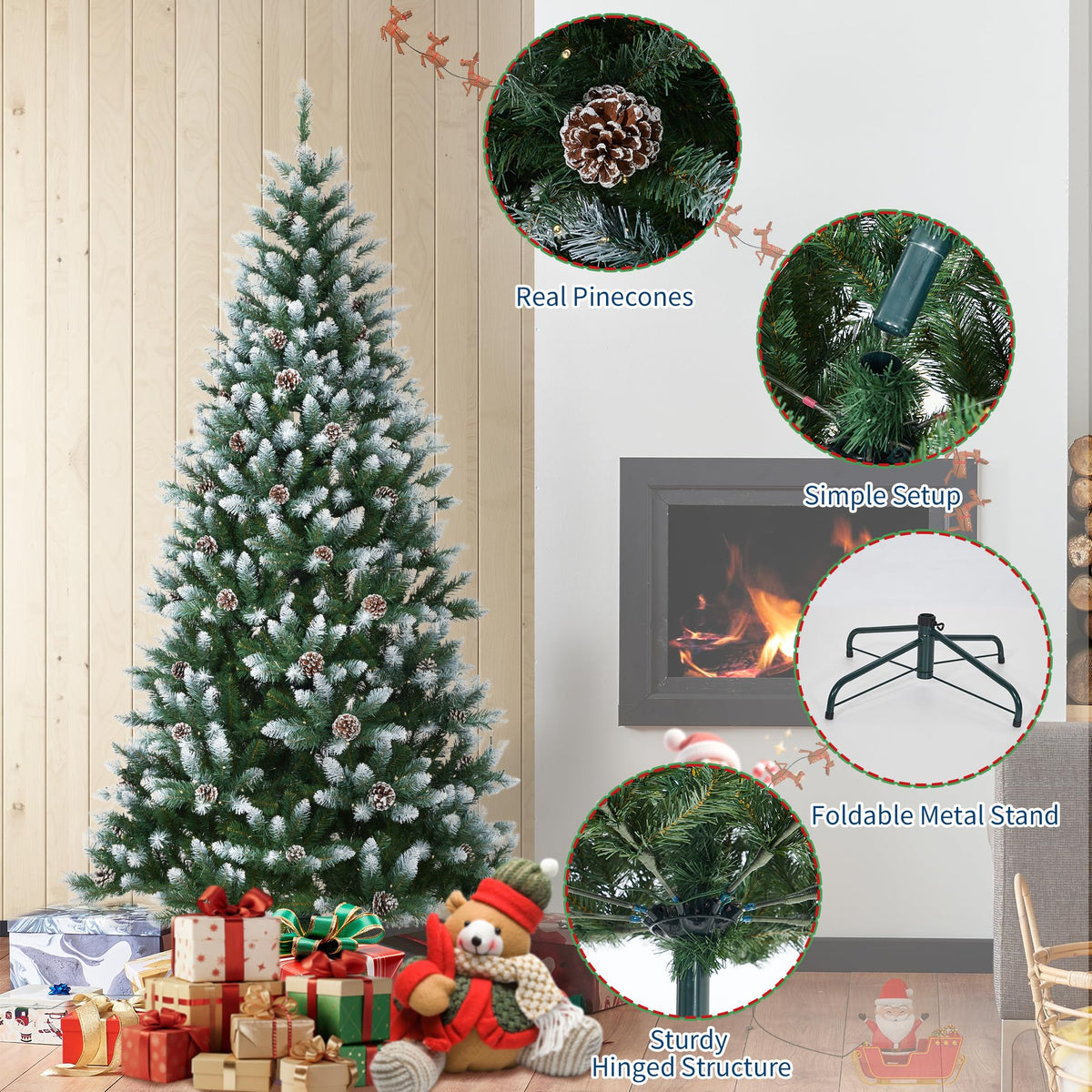 Garvee sapin de Noël de 225 cm avec 250 LED et pommes de pin décoratives pour grandes pièces, décoration festive