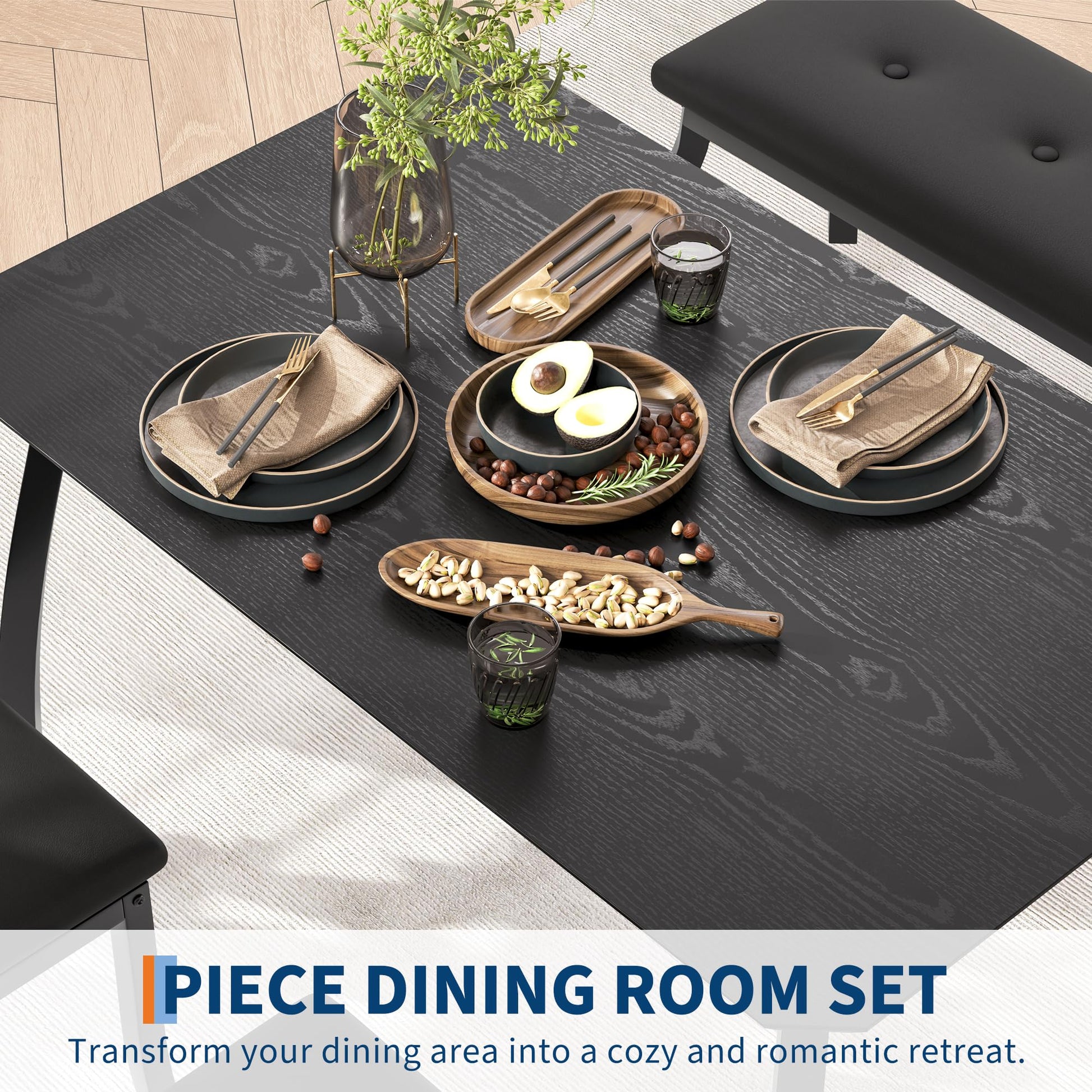 Ensemble de salle à manger Garvee pour 4 personnes, en bois et métal, comprenant une banquette rembourrée et 2 chaises, noir, idéal pour la cuisine et les réceptions, robuste et peu encombrant.