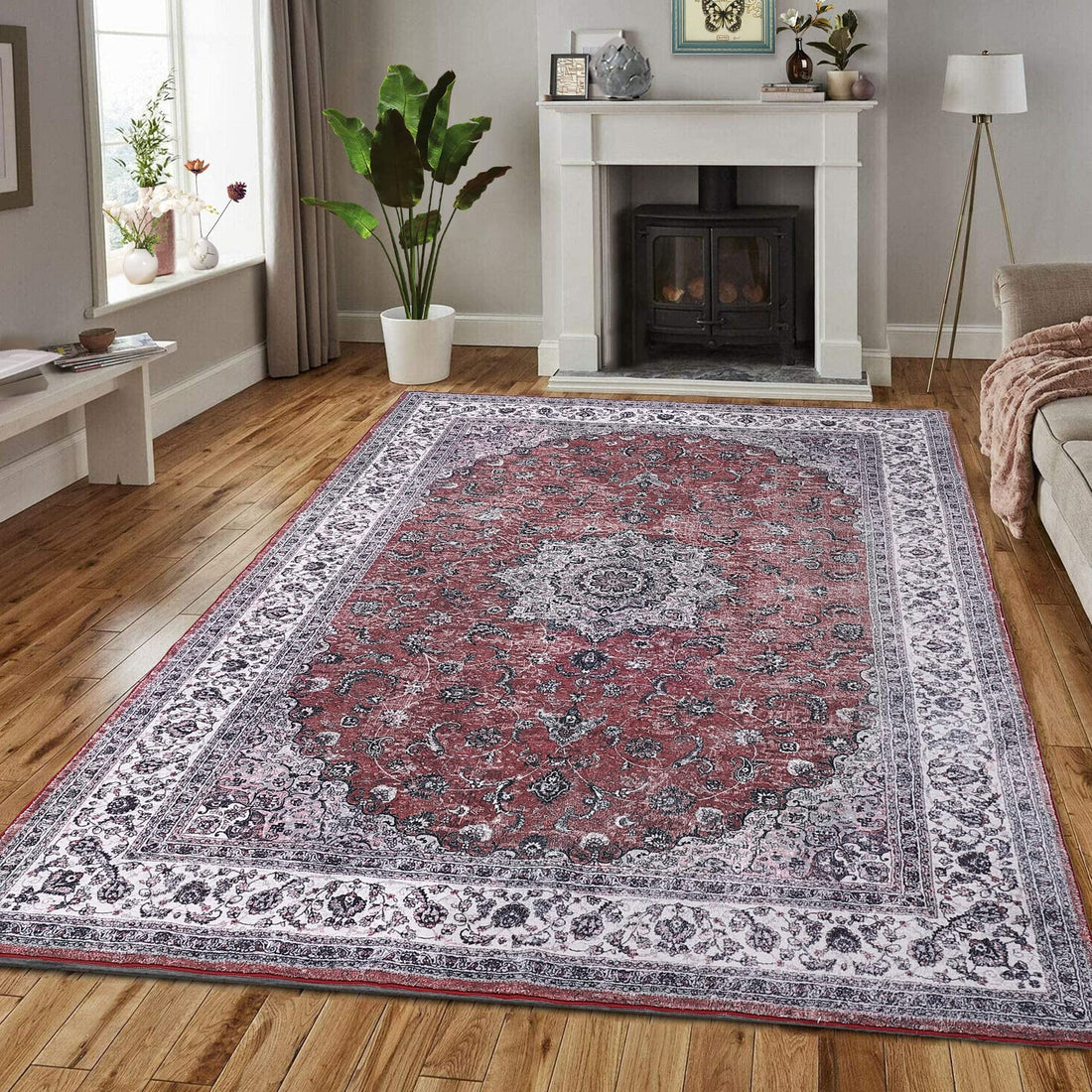 Tapis Garvee doux, lavable, style vintage, pour chambre et salon, 160 x 230 cm, rouge, antidérapant, à poils courts.