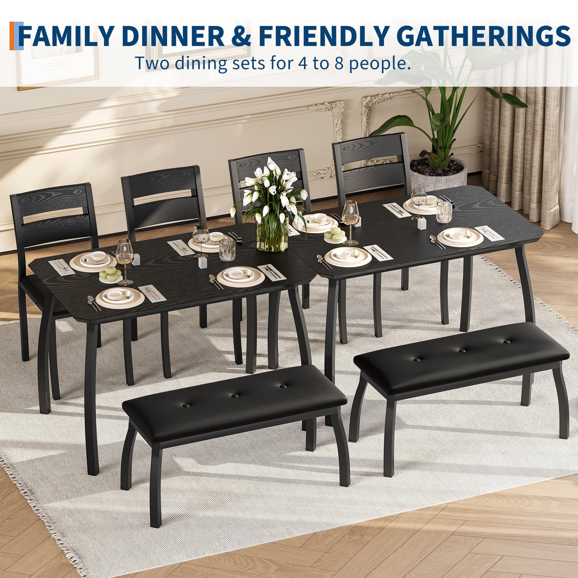Ensemble de salle à manger Garvee pour 4 personnes, en bois et métal, comprenant une banquette rembourrée et 2 chaises, noir, idéal pour la cuisine et les réceptions, robuste et peu encombrant.