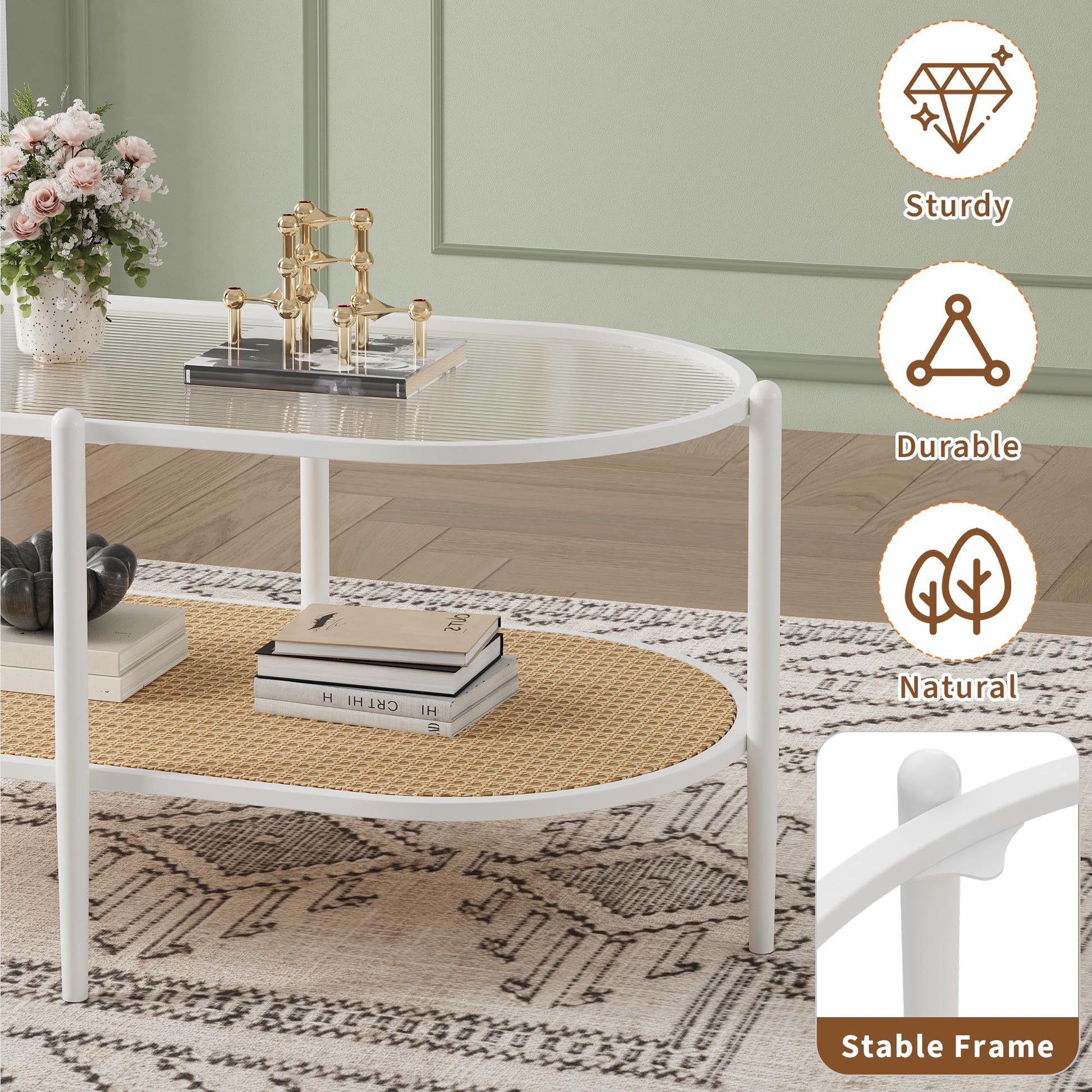 Table basse ovale Garvee à 2 niveaux en rotin avec structure en métal et plateau en verre trempé, idéale pour le salon et le bureau, blanche.
