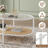 Table basse ovale Garvee à 2 niveaux en rotin avec structure en métal et plateau en verre trempé, idéale pour le salon et le bureau, blanche.