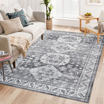 Tapis oriental GARVEE, grand format, style bohème rétro, lavable en machine, gris, 160 x 230 cm, idéal pour salon, chambre ou cuisine.