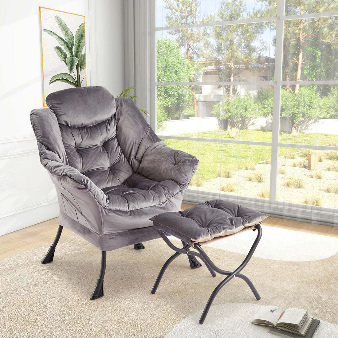 Fauteuil relax Garvee avec repose-pieds, ergonomique et robuste, revêtement en imitation fourrure de lapin, pour salon et bureau, pliable, grand format, gris