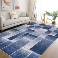Tapis Garvee moderne à poils courts et coupe contour, motif géométrique pour salon et chambre, 200 x 290 cm, bleu