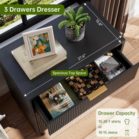 Garvee commode noire cannelée à 3 tiroirs, pieds en métal, mélamine noire, pour la chambre et le salon
