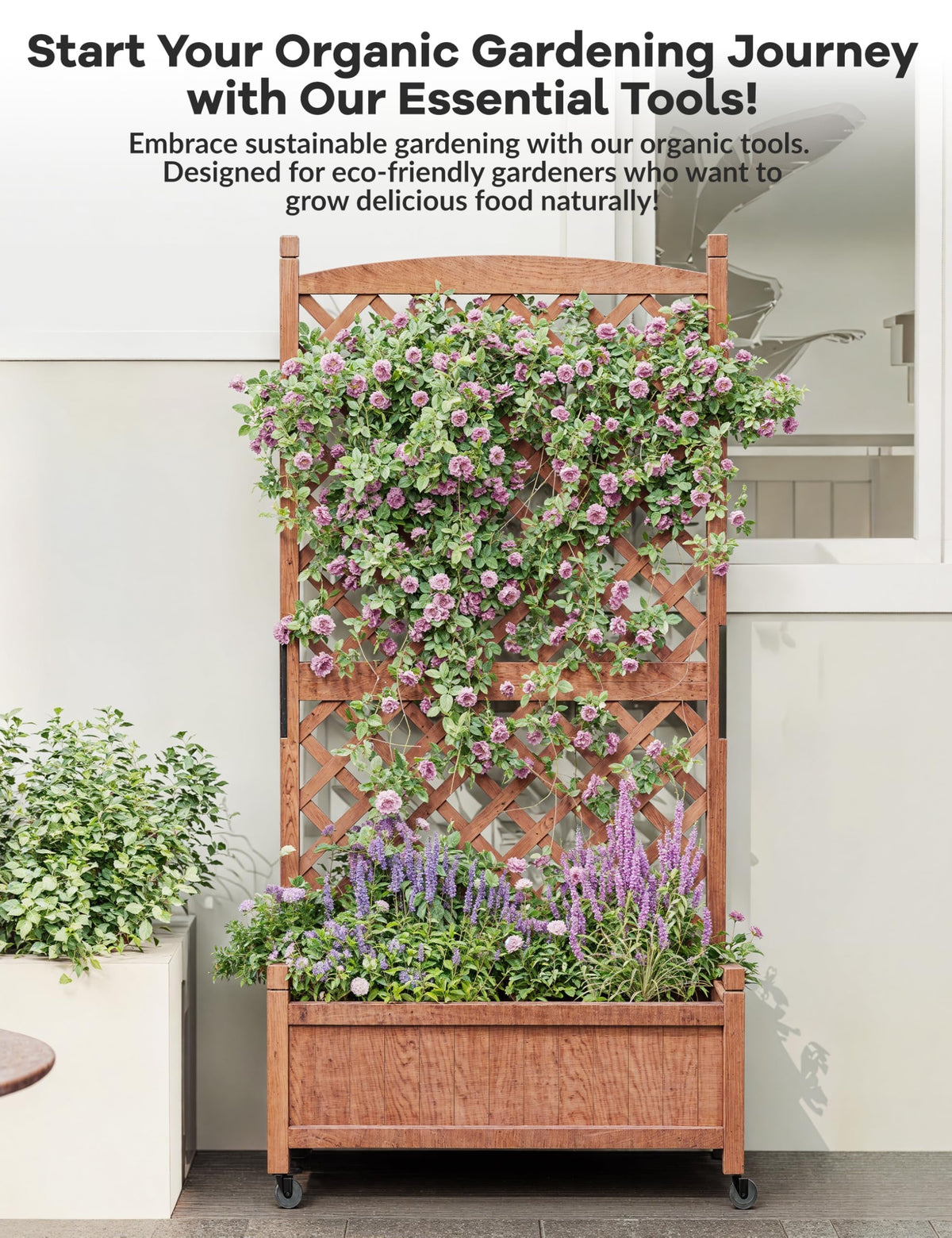 Garvee Jardinière en bois avec treillis et roues pour terrasse et jardin, 75 x 33 x 150 cm, marron.