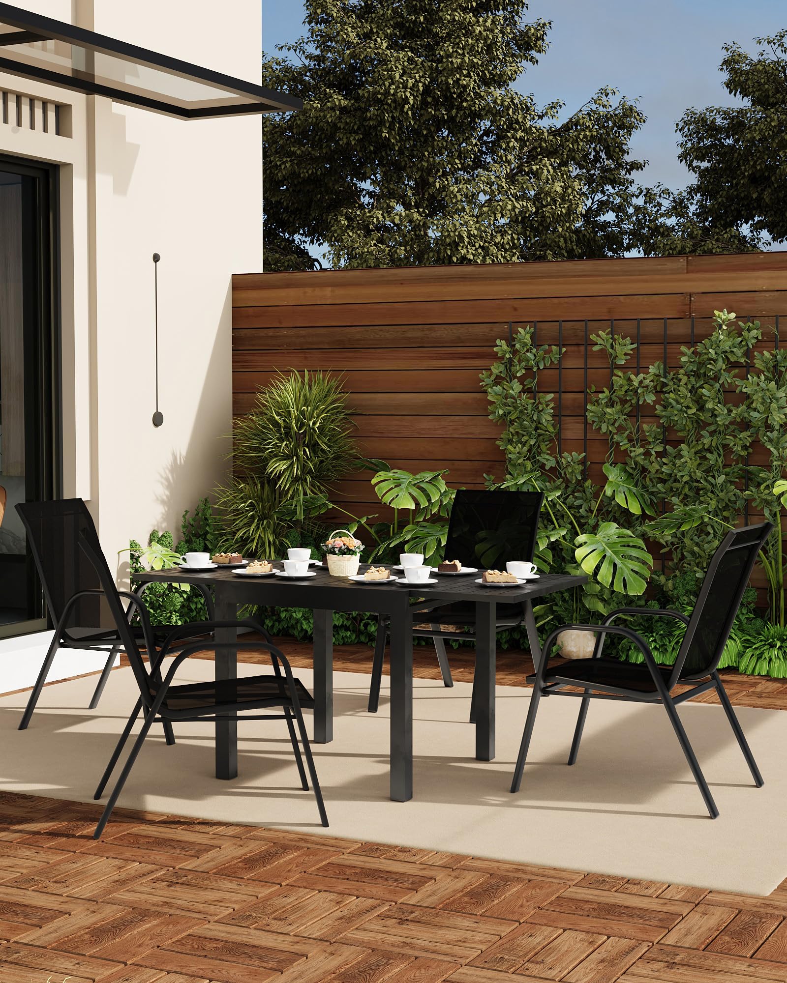 Ensemble de 4 chaises de jardin Garvee, empilables, légères, en tissu Teslin respirant, résistantes aux intempéries, noires, pour jardin et piscine, 61,5 cm (P) x 60 cm (L) x 96 cm (H)