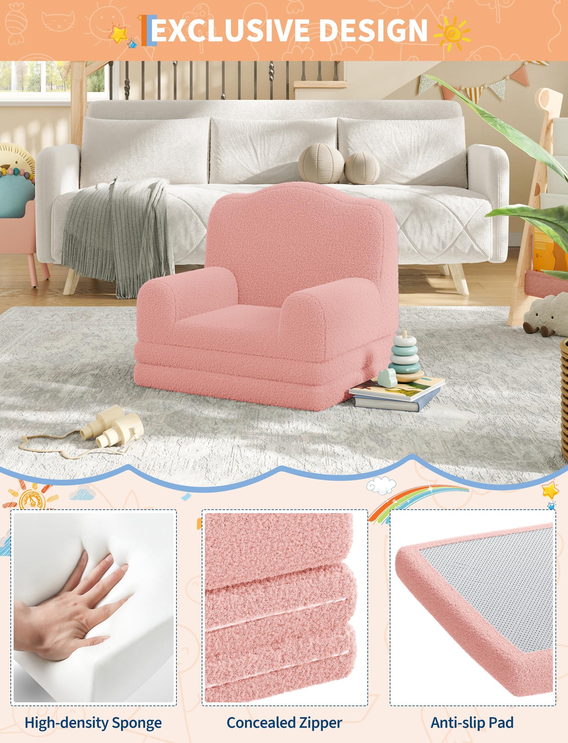 Canapé Garvee Kids 2-en-1 réversible, canapé et méridienne, rose couronne, pour salle de jeux, mousse confortable, housse douce en sherpa