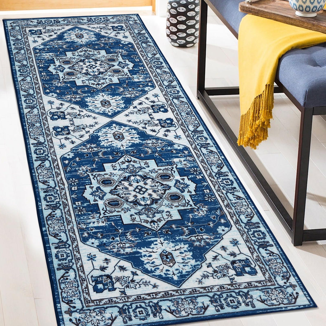 Tapis de couloir oriental vintage Garvee, antidérapant, lavable, polyester, 60 x 230 cm, bleu marine, pour couloir, salon, cuisine