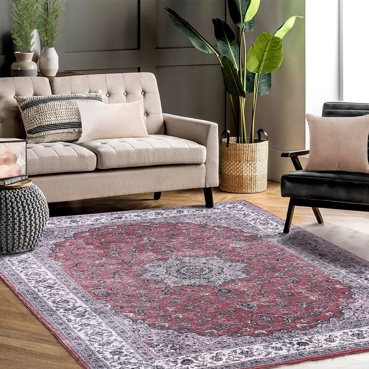 Tapis Garvee doux, lavable, style vintage, pour chambre et salon, 160 x 230 cm, rouge, antidérapant, à poils courts.