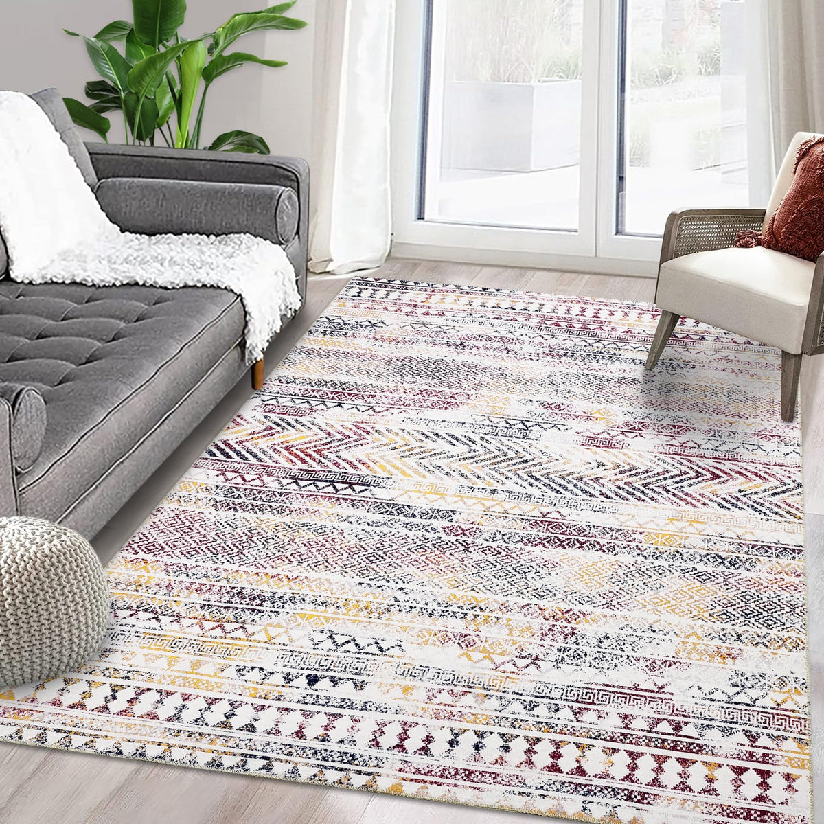 Tapis imperméable Garvee, style marocain bohème, lavable, résistant à l'huile et aux taches, antidérapant, idéal pour les animaux et les enfants, 160 x 230 cm, salon, chambre