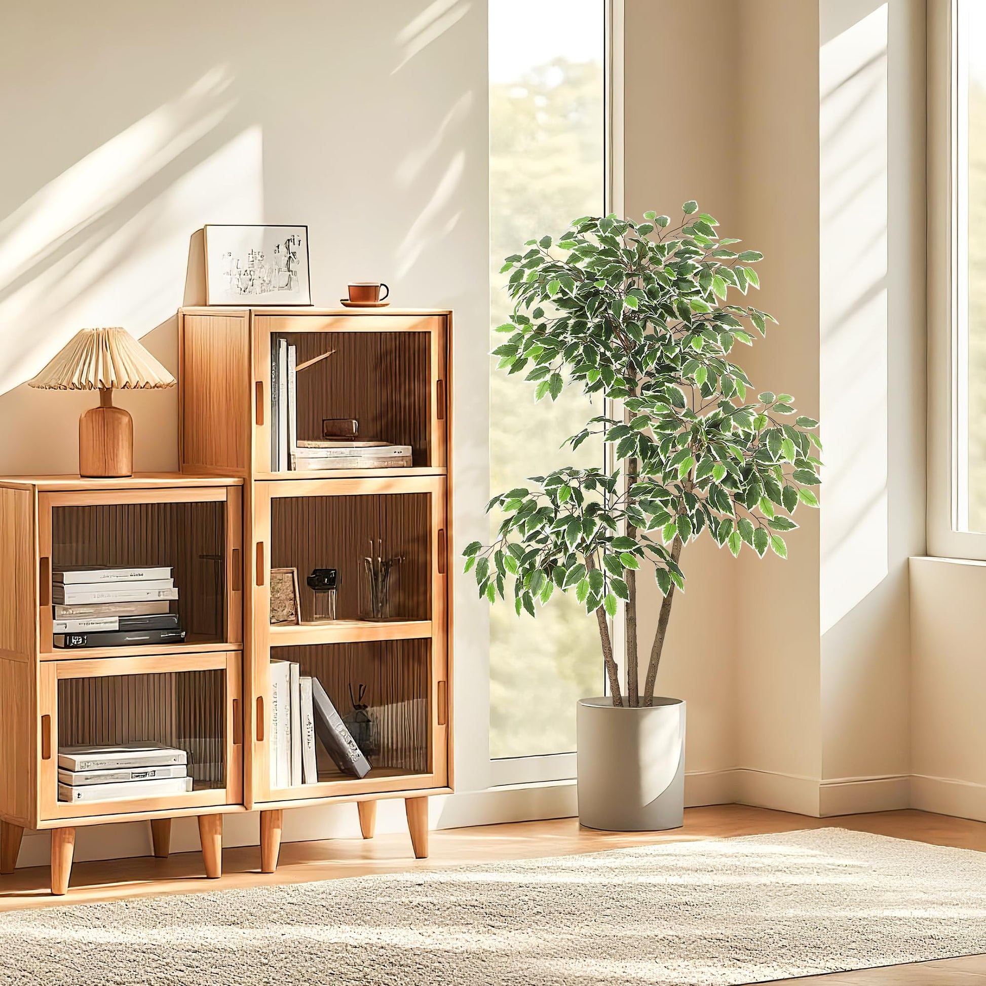 Ficus artificiel Garvee de 1,5 m avec pot haut blanc, tronc ajustable, idéal pour le salon et le bureau, blanc, base stable en terre cuite