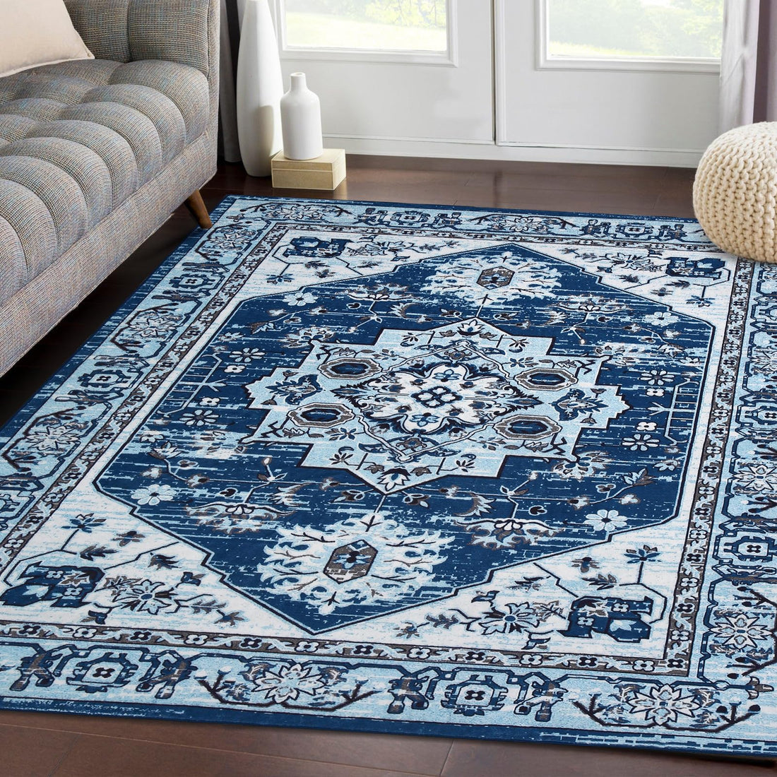 Tapis de couloir moderne à motif floral Garvee, antidérapant, lavable, en polyester, bleu marine, 80 x 150 cm, pour salon et cuisine.
