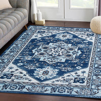 Tapis de couloir oriental vintage Garvee, anti-taches et lavable, pour salon et bureau, bleu marine, 160 x 230 cm