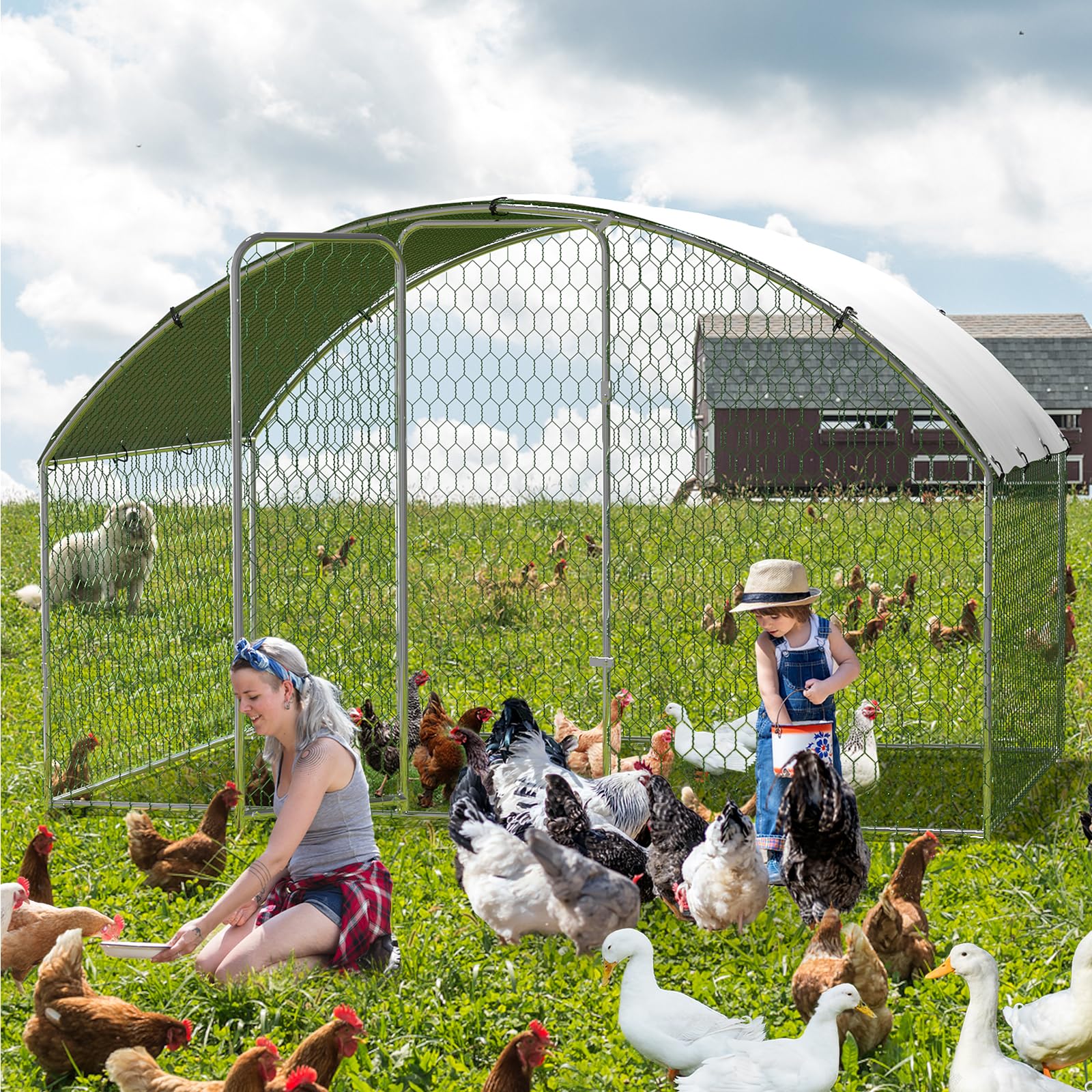 Poulailler métallique Garvee grand format avec toit en dôme, résistant aux intempéries et aux UV, structure en acier, porte verrouillable, idéal pour le jardin et la ferme, 3 x 2 x 2 m, gris