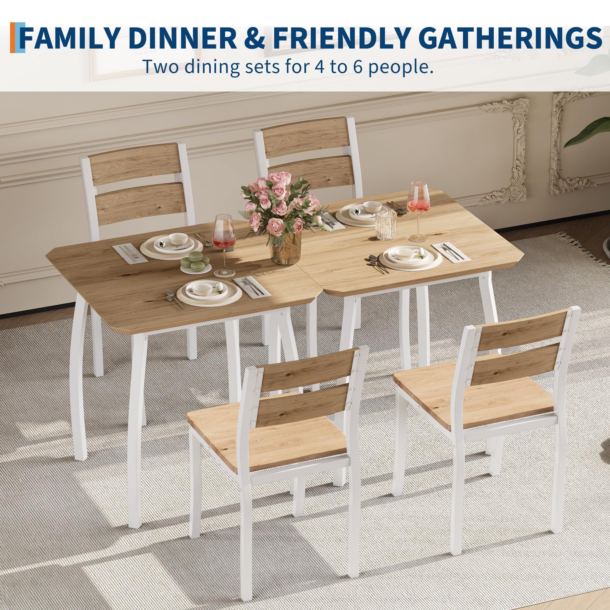 Ensemble de salle à manger Garvee pour 2 personnes avec table carrée et pieds en forme de O, structure en métal et chaise rembourrée, blanc et naturel, idéal pour les petites pièces et les appartements.