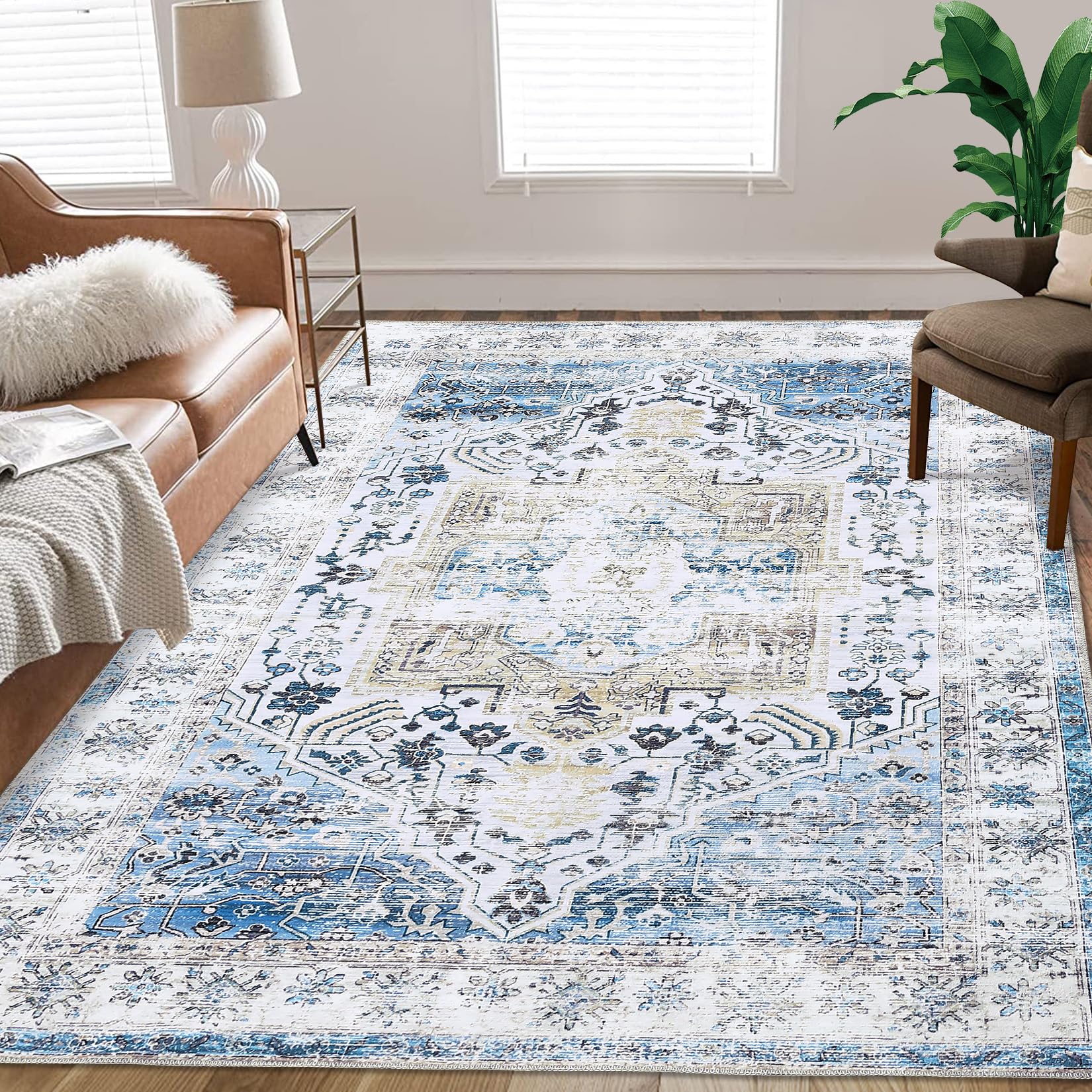 Tapis de sol vintage Garvee bleu 120x170 cm - Lavable en machine, à poils courts, en chenille antidérapante pour une utilisation intérieure et extérieure, tapis de chambre et de salon