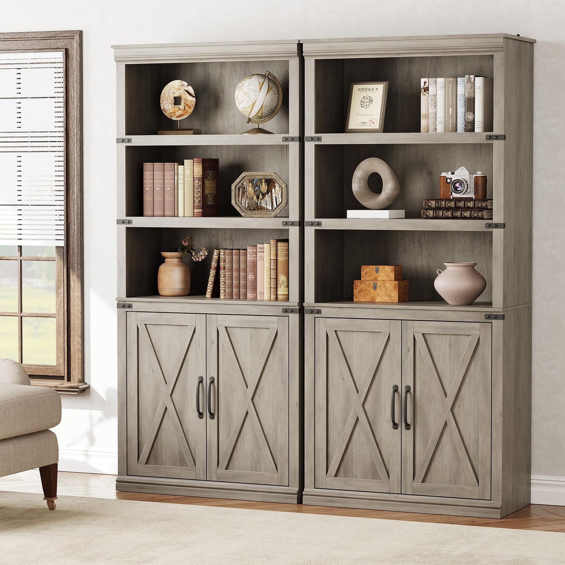 Bibliothèque Garvee à 5 niveaux avec armoire, MDF robuste, portes magnétiques, idéale pour le salon et le bureau, 174,6 cm (H) x 80 cm (L) x 32,8 cm (P), grise