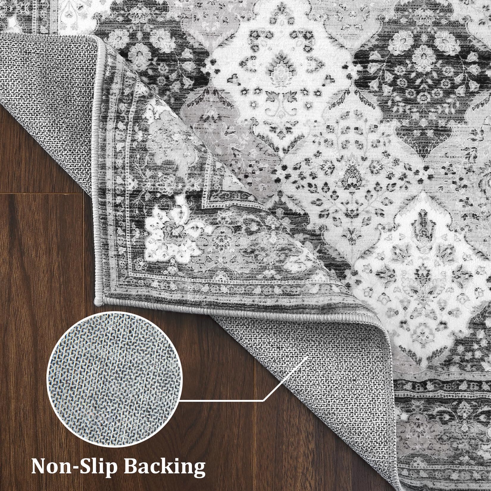 Tapis Garvee Boho Rugs lavable, antidérapant et fin, pour salon, salle à manger, chambre, cuisine ou bureau, 120 x 170 cm, gris
