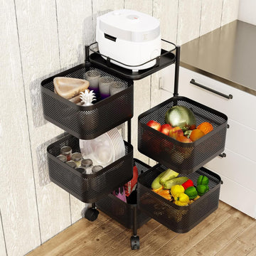 GARVEE Chariot de rangement rotatif 5 niveaux en acier carbone, 4 roulettes, pour cuisine, salon, chambre d’enfant, fruits et jouets, noir