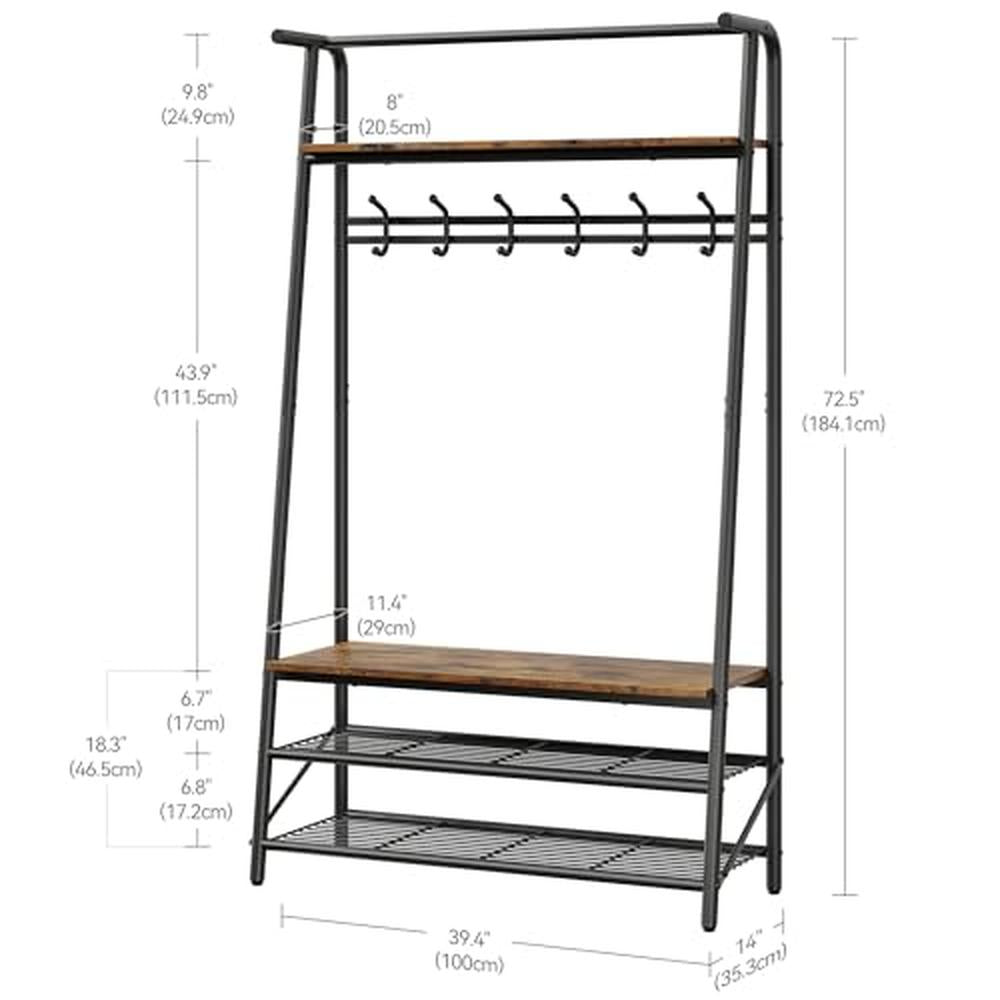 Garvee Porte-manteau simple 100 cm – Structure en métal aspect bois avec banc à chaussures et 5 à 10 crochets pour entrée et salon