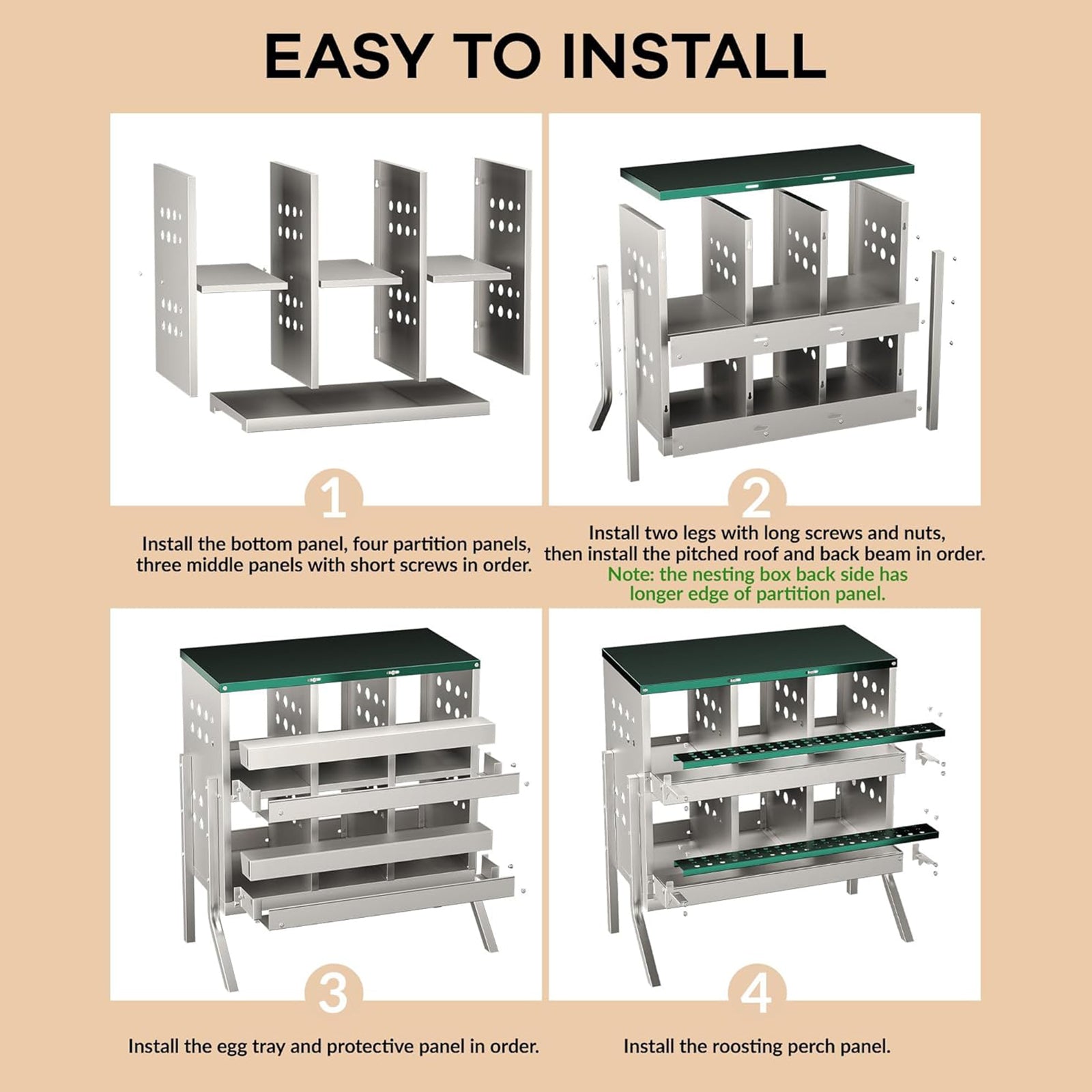 Nichoirs Garvee pour poules, 6 compartiments, en métal, dimensions totales avec support : 69 x 43 x 78 cm, dimensions par compartiment : 23 x 25 x 21,5 cm, acier galvanisé étanche, pour 6 poules (vert)