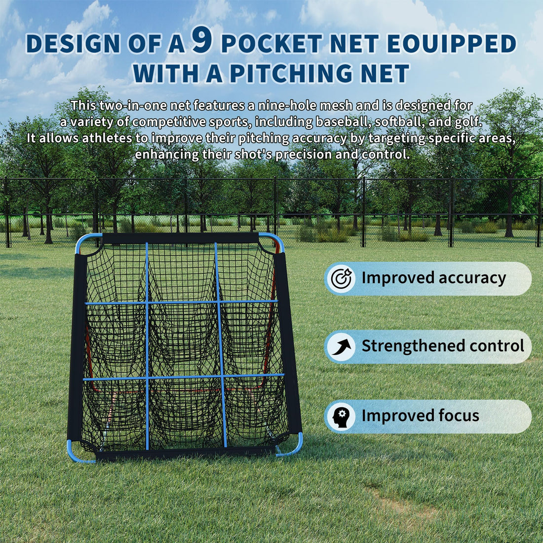 Filet de rebond Garvee pour le baseball, avec 9 poches, pliable et stable, idéal pour l'entraînement en extérieur et en intérieur, ainsi que pour le football et le volley-ball.