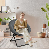 Fauteuil soucoupe pliable Garvee en fausse fourrure avec structure en métal, gris, confortable et portable, idéal pour la chambre et le jardin.