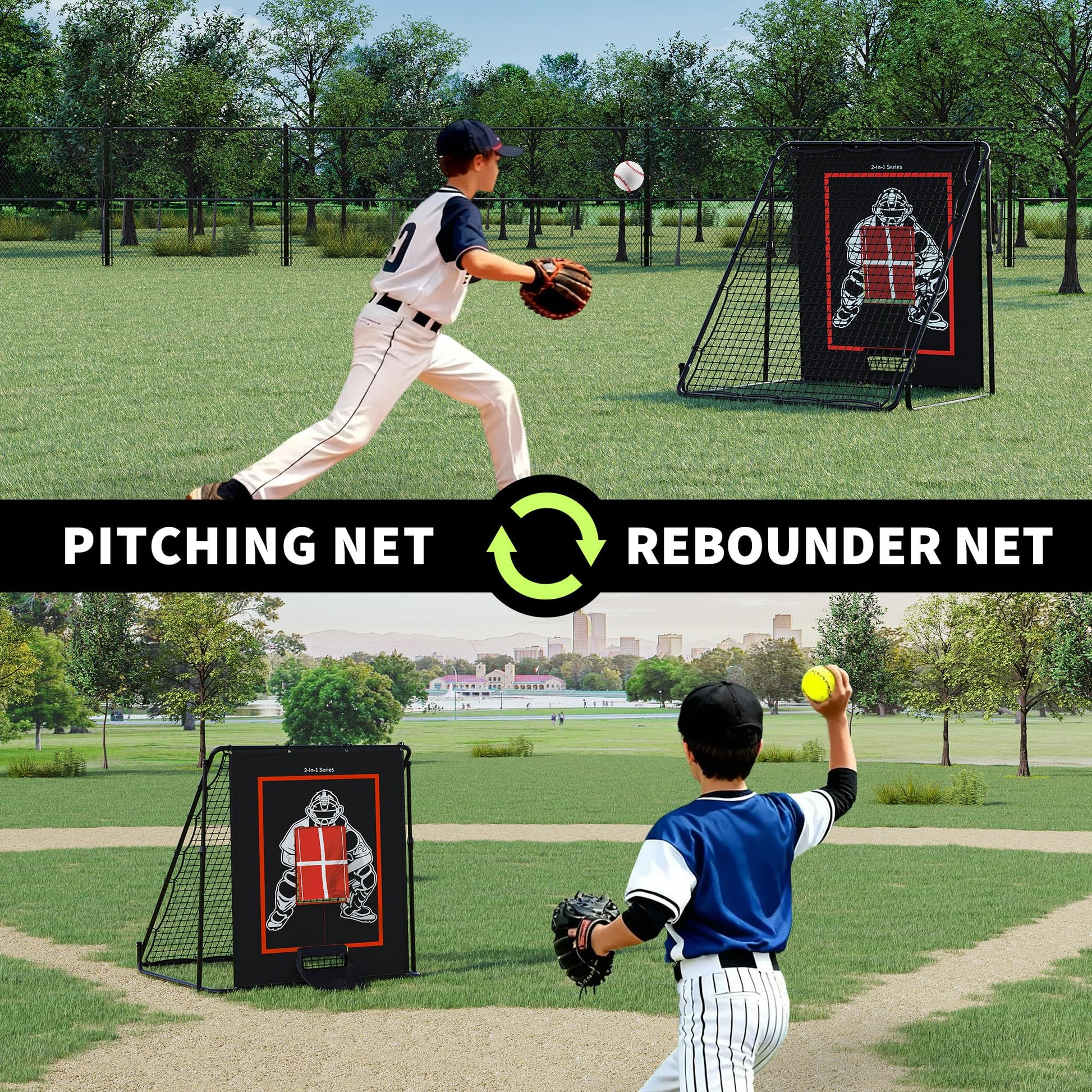 Cible de lancer et filet de rebond Garvee 2 en 1 pour le baseball - Nylon et polyéthylène - Entraînement pour jeunes - Réglable - Noir