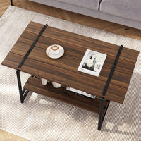 Table basse Garvee à deux niveaux, style ferme, 104 cm (41 po), bois gris avec structure en métal, idéale pour le salon et le bureau. Grand espace de rangement, structure robuste en MDF, style industriel moderne.