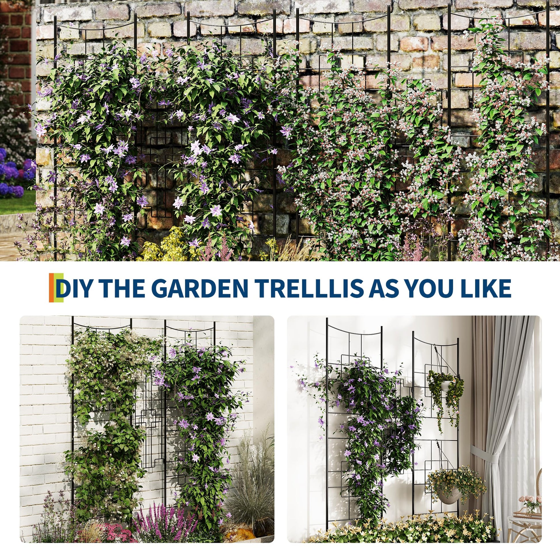 Treillis métallique Garvee en 2 pièces pour plantes grimpantes, 190 x 51 cm, antirouille, revêtement en poudre, 4 panneaux, noir, pour terrasse et jardin.